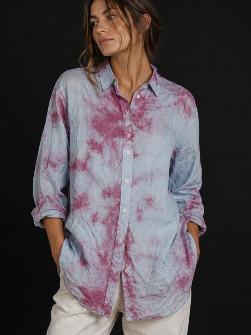 J. Jill Love Linen Tunic Shirt Tie Dyed Cotton Pink Blue Size  Large J.Jill
